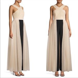 BCBGMAXAZRIA Eve Overlay Walk-through Jumpsuit Evening Gown Almond Blossom XS